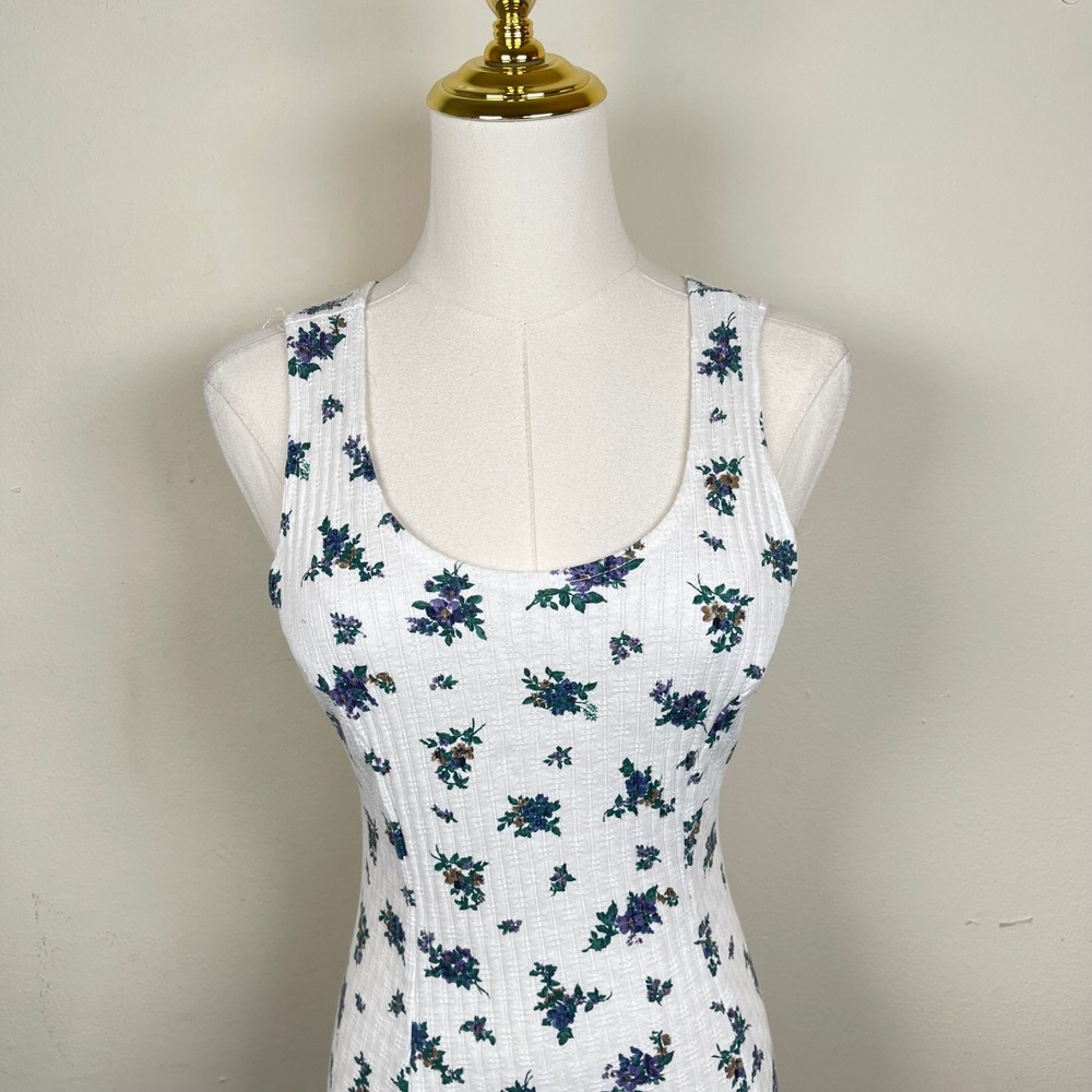 Vintage Ditsy Floral Ribbed Maxi Dress Women 10/12 White Purple 90s Grunge - Picture 3 of 9